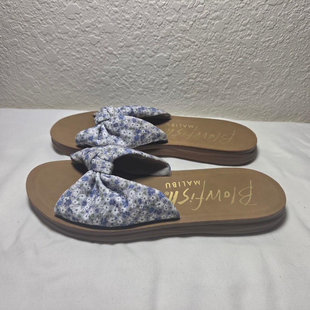 Blowfish Malibu Womens Floral Knot Slide Sandals Blue White Tan BF-8586 Size 8.5